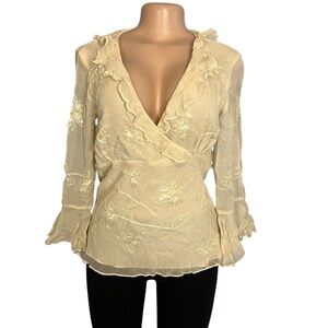 Silk Land Y2K Cream Boho Whimsical Floral Flare Sleeve Blouse